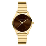 Goldenes Liebeskind Berlin Armbanduhr-Modell Round Staple mit braunem Zifferblatt und modern-minimalistischem Design.