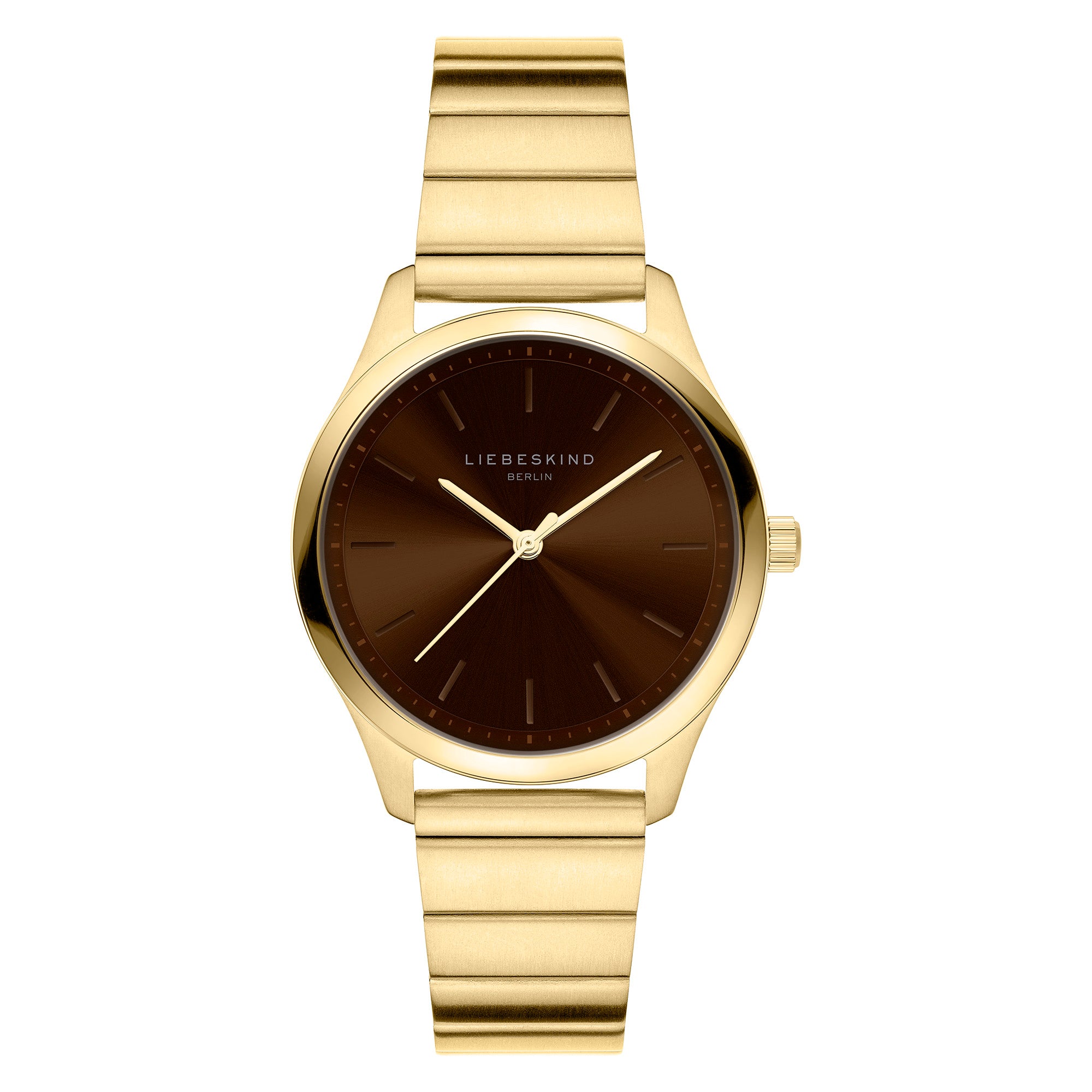 Goldenes Liebeskind Berlin Armbanduhr-Modell Round Staple mit braunem Zifferblatt und modern-minimalistischem Design.