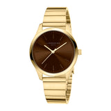 Die LIEBESKIND BERLIN Armbanduhr Round Staple kombiniert ein braunes Zifferblatt mit goldenen Markierungen und einem Metallgliederarmband - stilvolles Design von Liebeskind Berlin.