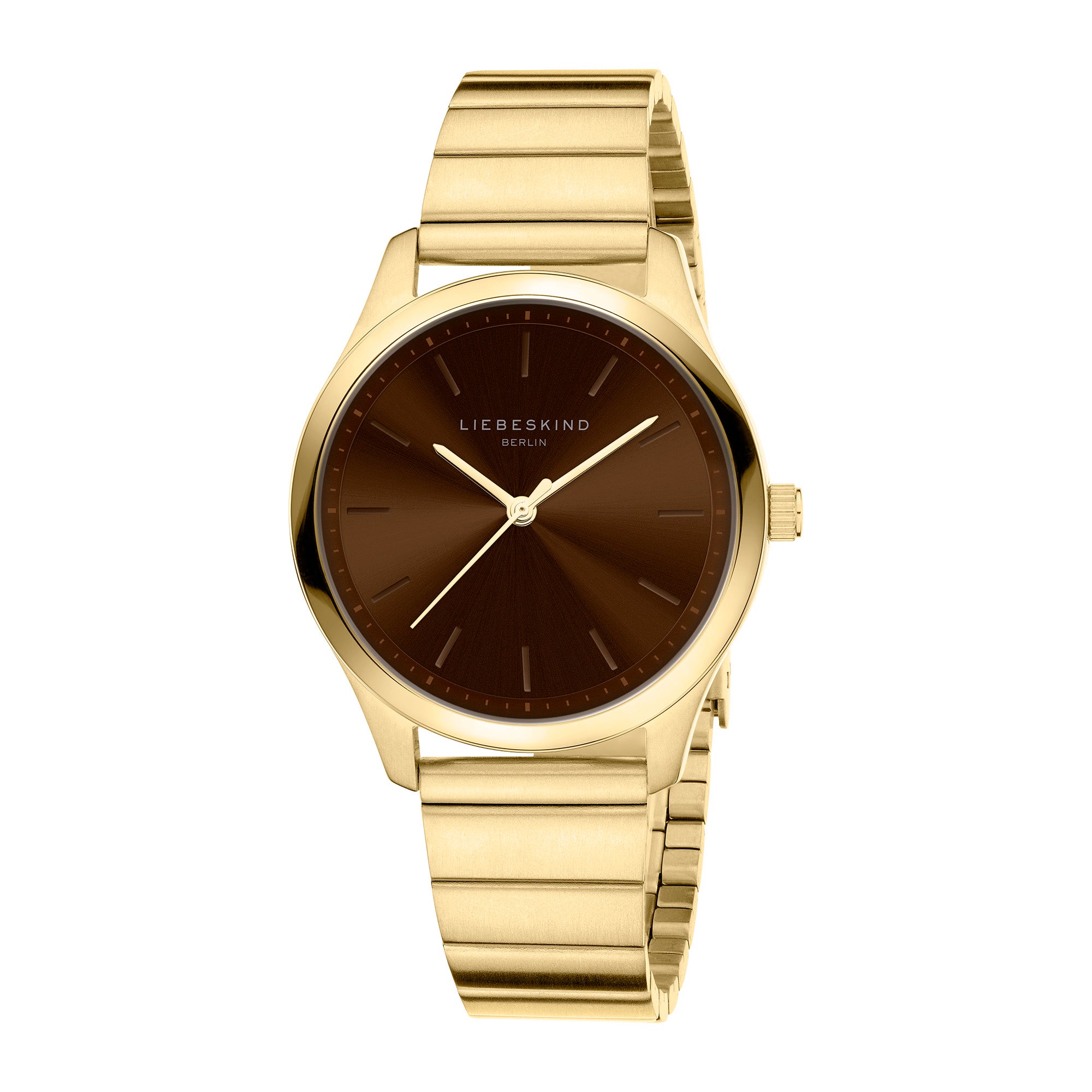 Die LIEBESKIND BERLIN Armbanduhr Round Staple kombiniert ein braunes Zifferblatt mit goldenen Markierungen und einem Metallgliederarmband - stilvolles Design von Liebeskind Berlin.