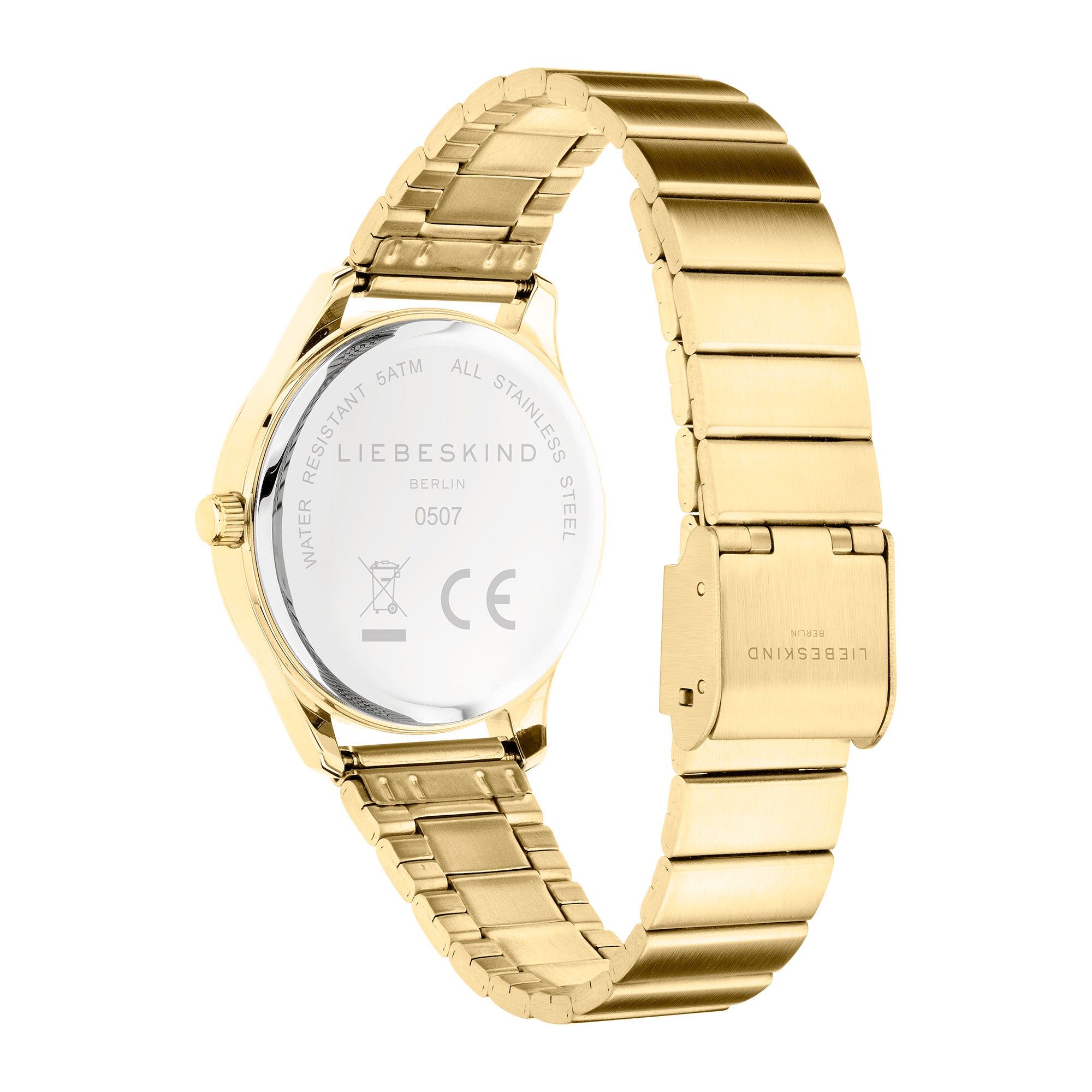 Rückansicht der LIEBESKIND BERLIN Armbanduhr - Round Staple von Liebeskind Berlin mit goldenem Edelstahlarmband, graviertem Gehäuseboden und modernem Design.