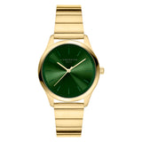 Die LIEBESKIND BERLIN Armbanduhr - Round Staple hat ein goldenes Finish, ein grünes Gesicht und minimale Markierungen. Dieses stilvolle Design von Liebeskind Berlin ist das perfekte Accessoire, um jedes Outfit aufzuwerten.