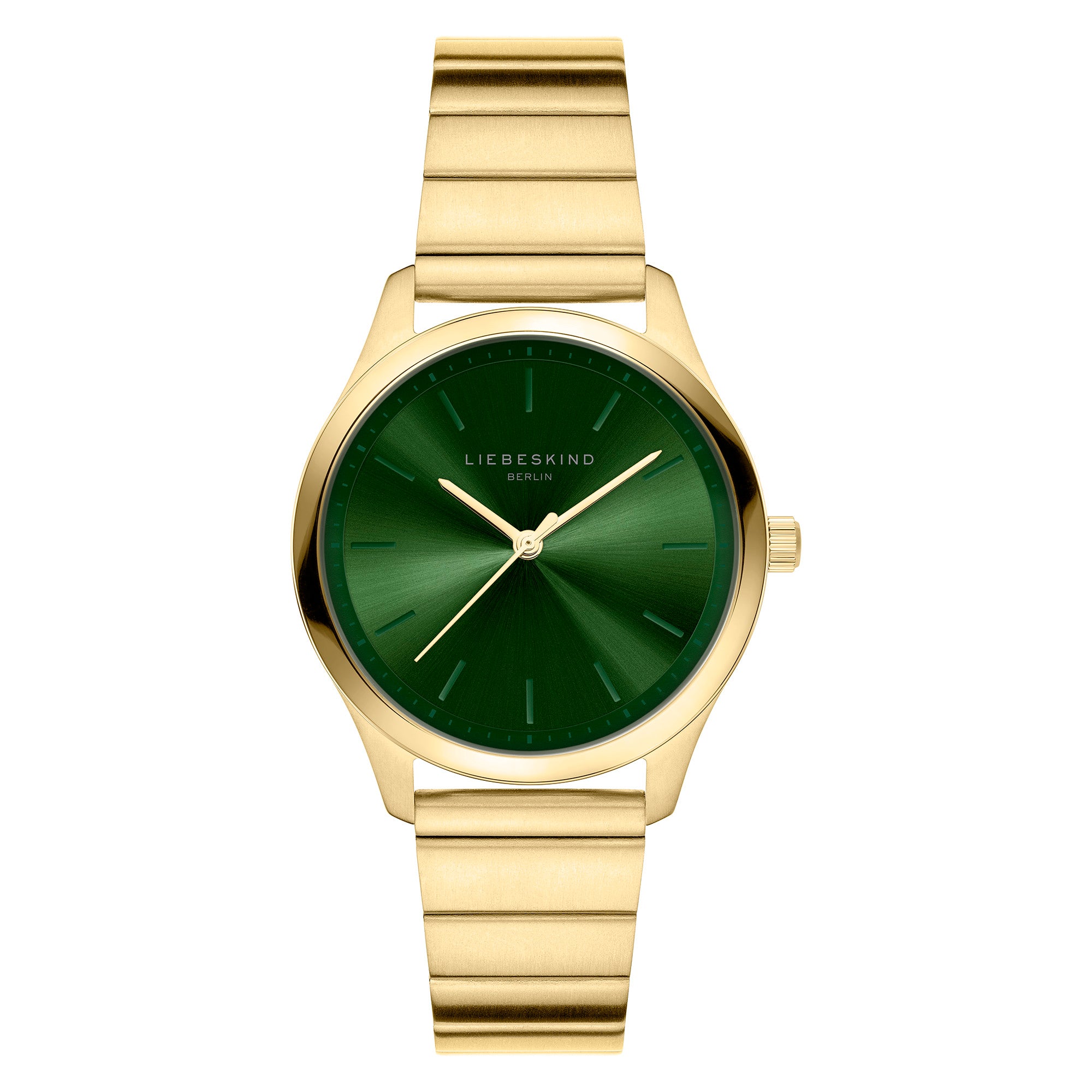 Die LIEBESKIND BERLIN Armbanduhr - Round Staple hat ein goldenes Finish, ein grünes Gesicht und minimale Markierungen. Dieses stilvolle Design von Liebeskind Berlin ist das perfekte Accessoire, um jedes Outfit aufzuwerten.