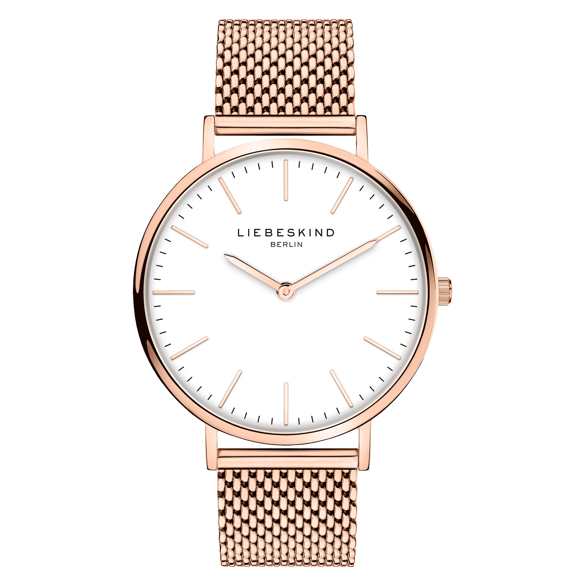 Die LIEBESKIND BERLIN Armbanduhr - Timeless Must Have von pro/concept Vermarktungs GmbH verfügt über ein roségoldenes Mesh-Armband, ein weißes Zifferblatt, minimalistische Stundenmarkierungen und ein Easy-Change-System für mühelose Style-Updates.