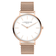 Die LIEBESKIND BERLIN Armbanduhr - Timeless Must Have von pro/concept Vermarktungs GmbH verfügt über ein roségoldenes Mesh-Armband, ein weißes Zifferblatt, minimalistische Stundenmarkierungen und ein Easy-Change-System für mühelose Style-Updates.