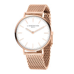 Die LIEBESKIND BERLIN Armbanduhr - Timeless Must Have von pro/concept Vermarktungs GmbH zeichnet sich durch ein roségoldenes Mesh-Band, ein weißes Zifferblatt, minimalistisches Design und ein Easy-Change-System für den schnellen Bandwechsel aus.