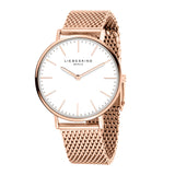 Die LIEBESKIND BERLIN Armbanduhr - Timeless Must Have von pro/concept Vermarktungs GmbH zeichnet sich durch ein roségoldenes Mesh-Band, ein weißes Zifferblatt, minimalistisches Design und ein Easy-Change-System für den schnellen Bandwechsel aus.