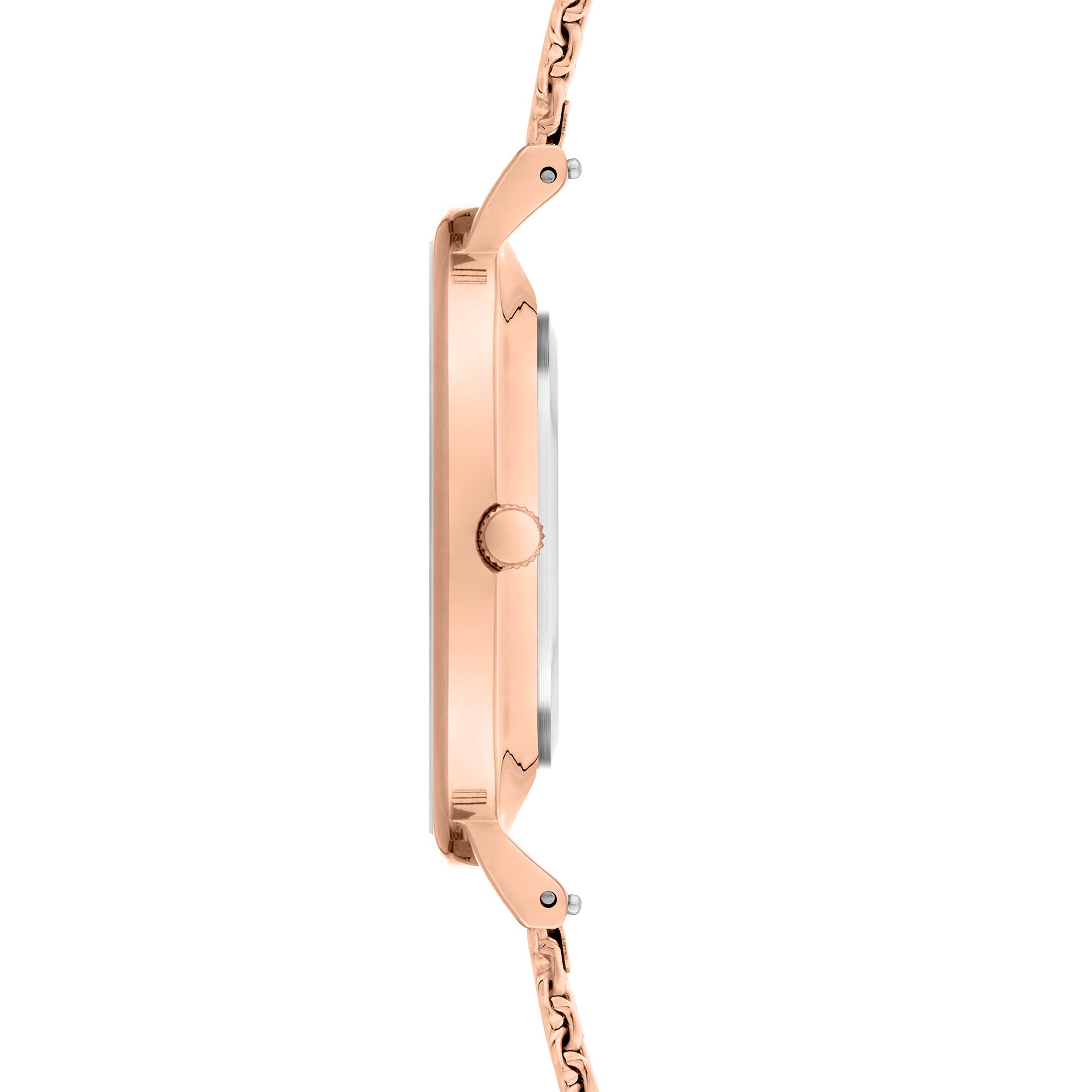 Seitenansicht der schlanken LIEBESKIND BERLIN Armbanduhr - Timeless Must Have von pro/concept Vermarktungs GmbH in Roségold, mit Metallband, minimalistischem Design und runder Krone.