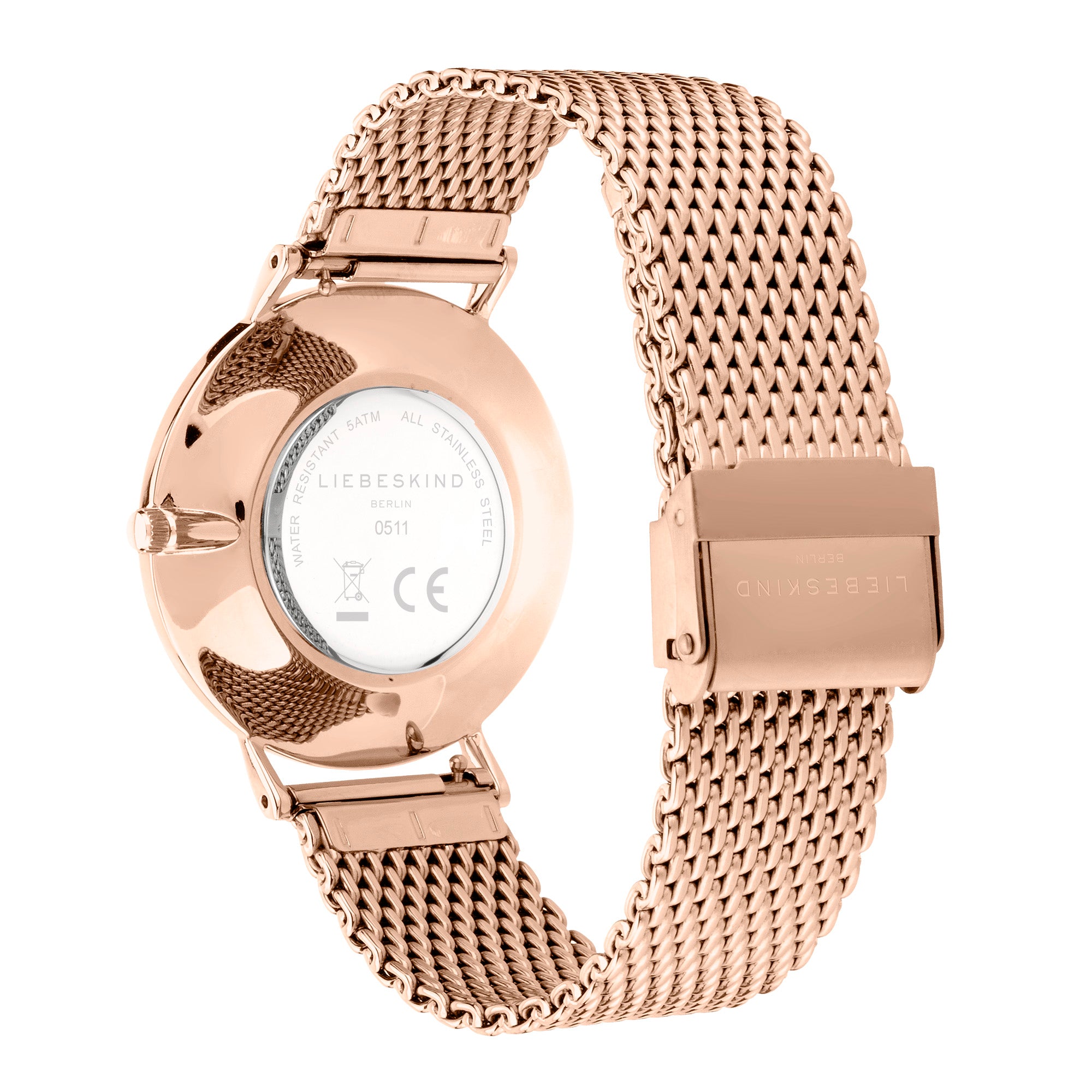 Das roségoldene Meshband LIEBESKIND BERLIN Armbanduhr - Timeless Must Have der pro/concept Vermarktungs GmbH zeigt sich von hinten mit seiner Schließe, den gravierten Details und dem minimalistischen Design.
