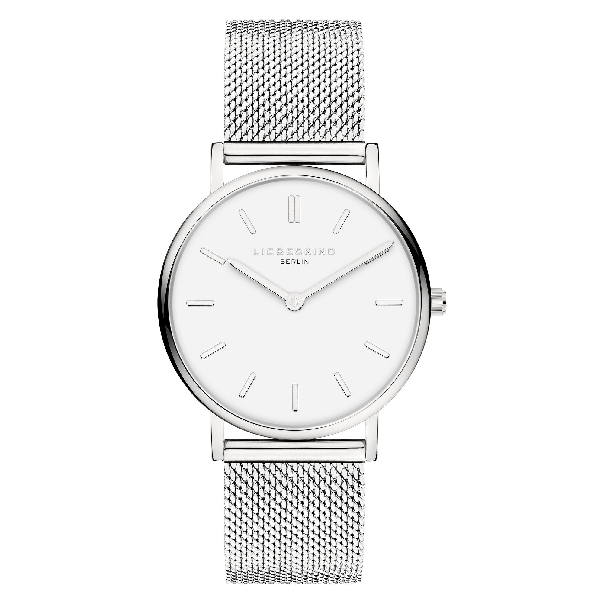 Minimalistisch und elegant: Die Liebeskind Berlin Armbanduhr - Pure Elegance mit Edelstahl-Mesharmband, weißem Zifferblatt sowie silbernen Stundenmarkern und Zeigern.