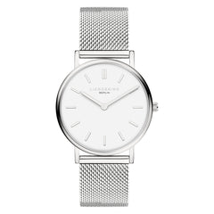 Minimalistisch und elegant: Die Liebeskind Berlin Armbanduhr - Pure Elegance mit Edelstahl-Mesharmband, weißem Zifferblatt sowie silbernen Stundenmarkern und Zeigern.