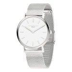 Die LIEBESKIND BERLIN Armbanduhr - Pure Elegance von Liebeskind Berlin besticht durch ein silbernes Edelstahl-Mesharmband, weißes Zifferblatt und silberne Stundenmarkierungen mit zwei Zeigern.