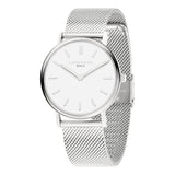 Die LIEBESKIND BERLIN Armbanduhr - Pure Elegance von Liebeskind Berlin besticht durch ein silbernes Edelstahl-Mesharmband, weißes Zifferblatt und silberne Stundenmarkierungen mit zwei Zeigern.
