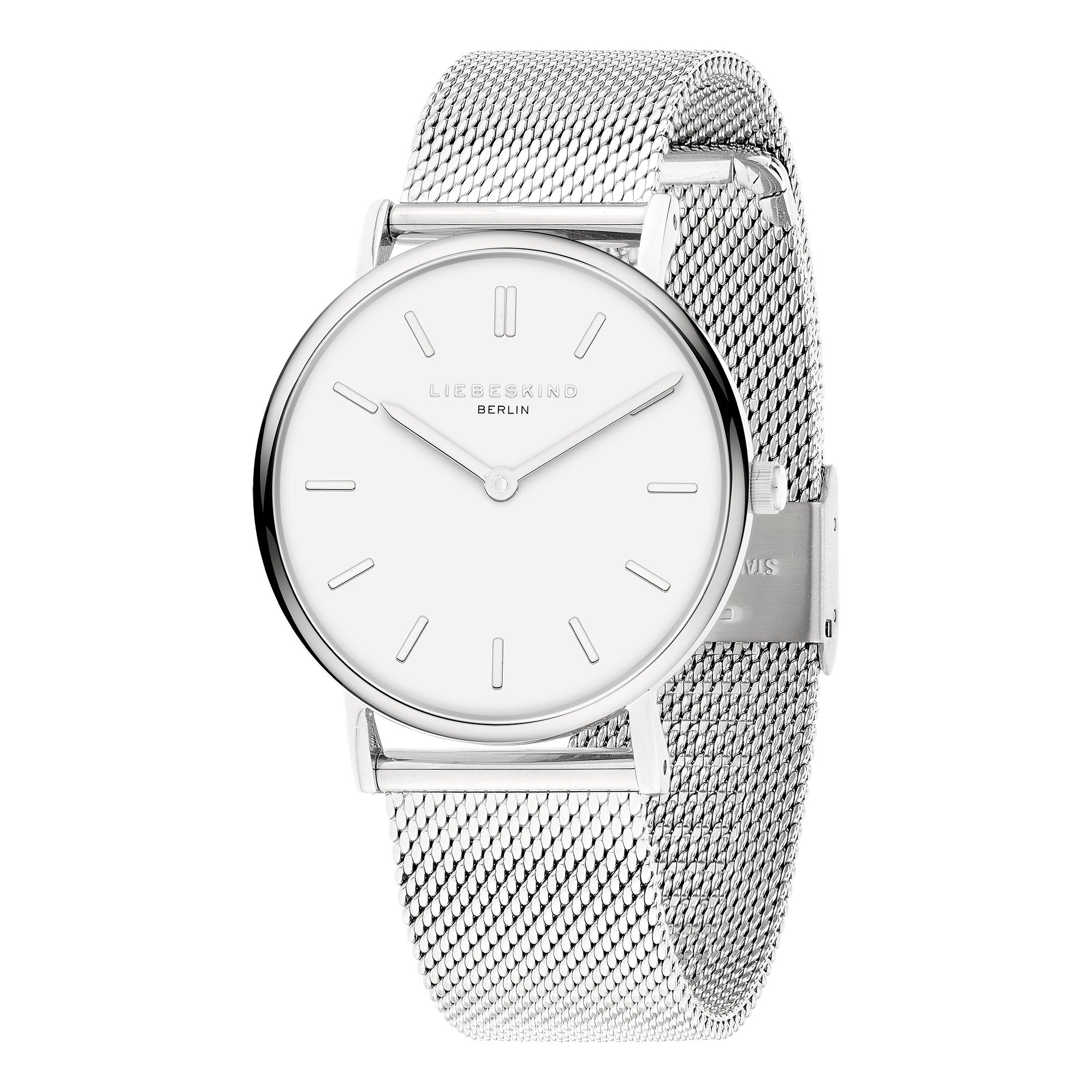 Die LIEBESKIND BERLIN Armbanduhr - Pure Elegance von Liebeskind Berlin besticht durch ein silbernes Edelstahl-Mesharmband, weißes Zifferblatt und silberne Stundenmarkierungen mit zwei Zeigern.