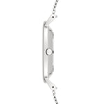 Seitenansicht der LIEBESKIND BERLIN Armbanduhr - Pure Elegance von Liebeskind Berlin, die sich durch ein minimalistisches Design mit einem silbernen Edelstahl-Meshband und einer runden Krone auszeichnet.