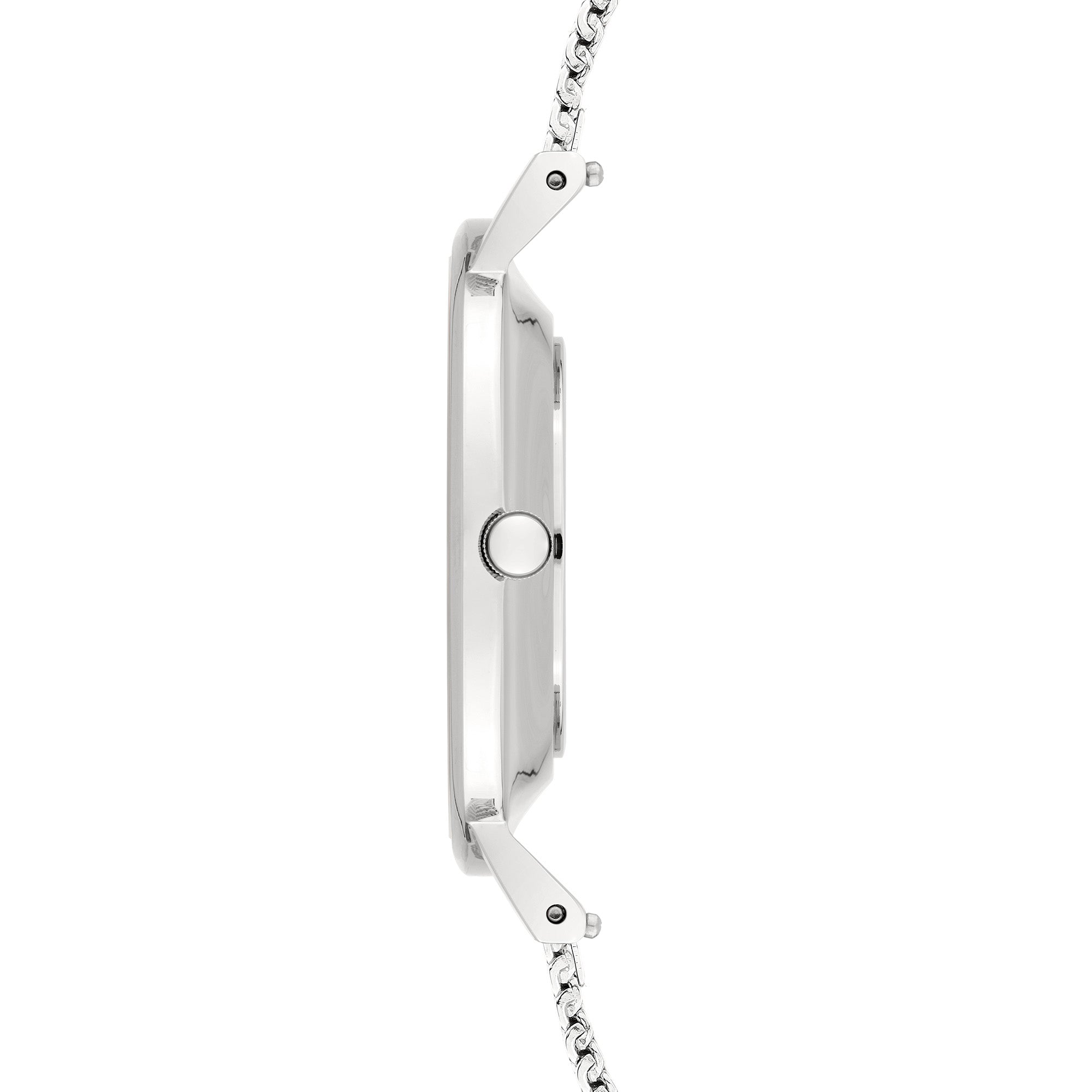 Seitenansicht der LIEBESKIND BERLIN Armbanduhr - Pure Elegance von Liebeskind Berlin, die sich durch ein minimalistisches Design mit einem silbernen Edelstahl-Meshband und einer runden Krone auszeichnet.