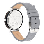 Rückansicht der LIEBESKIND BERLIN Armbanduhr - Acetat Chic von Liebeskind Berlin, die ein minimalistisches Design mit einem grauen Echtlederarmband und einem Gehäuse aus Edelstahl zeigt.