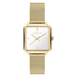 Die LIEBESKIND BERLIN Armbanduhr - Modern Mesh überzeugt mit quadratischem Gehäuse in Gold, Edelstahl-Mesharmband, weißem Zifferblatt und dezenten Stundenmarkierungen. Von Liebeskind Berlin.