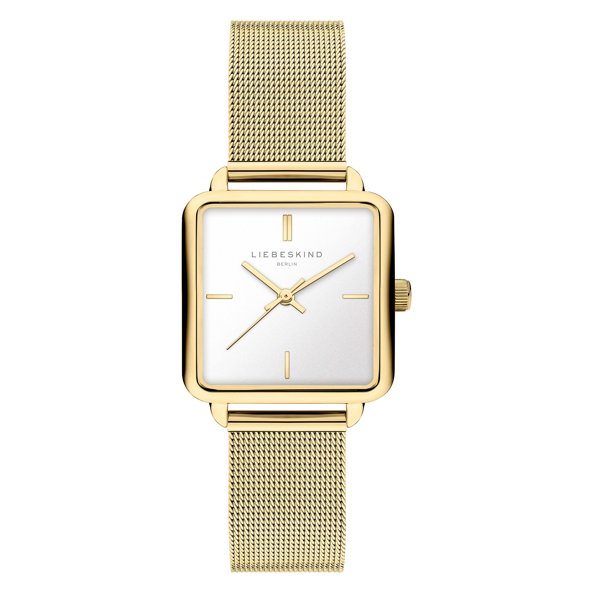 Die LIEBESKIND BERLIN Armbanduhr - Modern Mesh überzeugt mit quadratischem Gehäuse in Gold, Edelstahl-Mesharmband, weißem Zifferblatt und dezenten Stundenmarkierungen. Von Liebeskind Berlin.