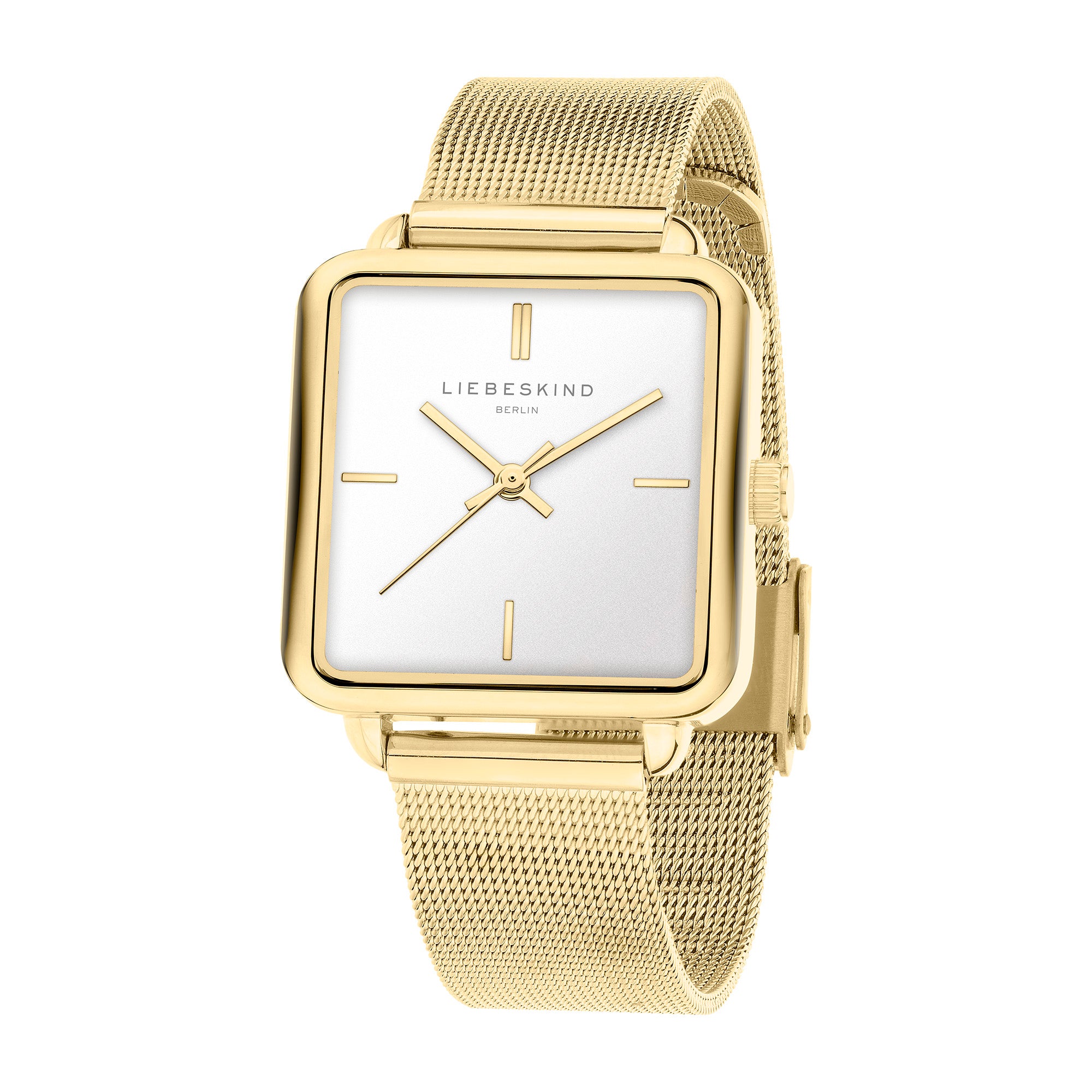 Die LIEBESKIND BERLIN Armbanduhr - Modern Mesh überzeugt mit goldfarbenem Edelstahl-Mesharmband, minimalistisch weißem Zifferblatt und schlichten Stundenmarkierungen - stilvolle Eleganz von Liebeskind Berlin.