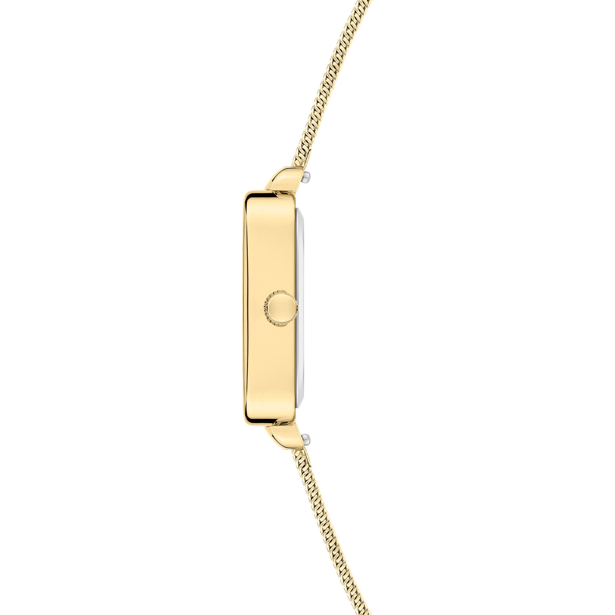 Seitenansicht der Liebeskind Berlin Armbanduhr - Modern Mesh, mit schlankem Gehäuse und dünnem Edelstahlarmband.