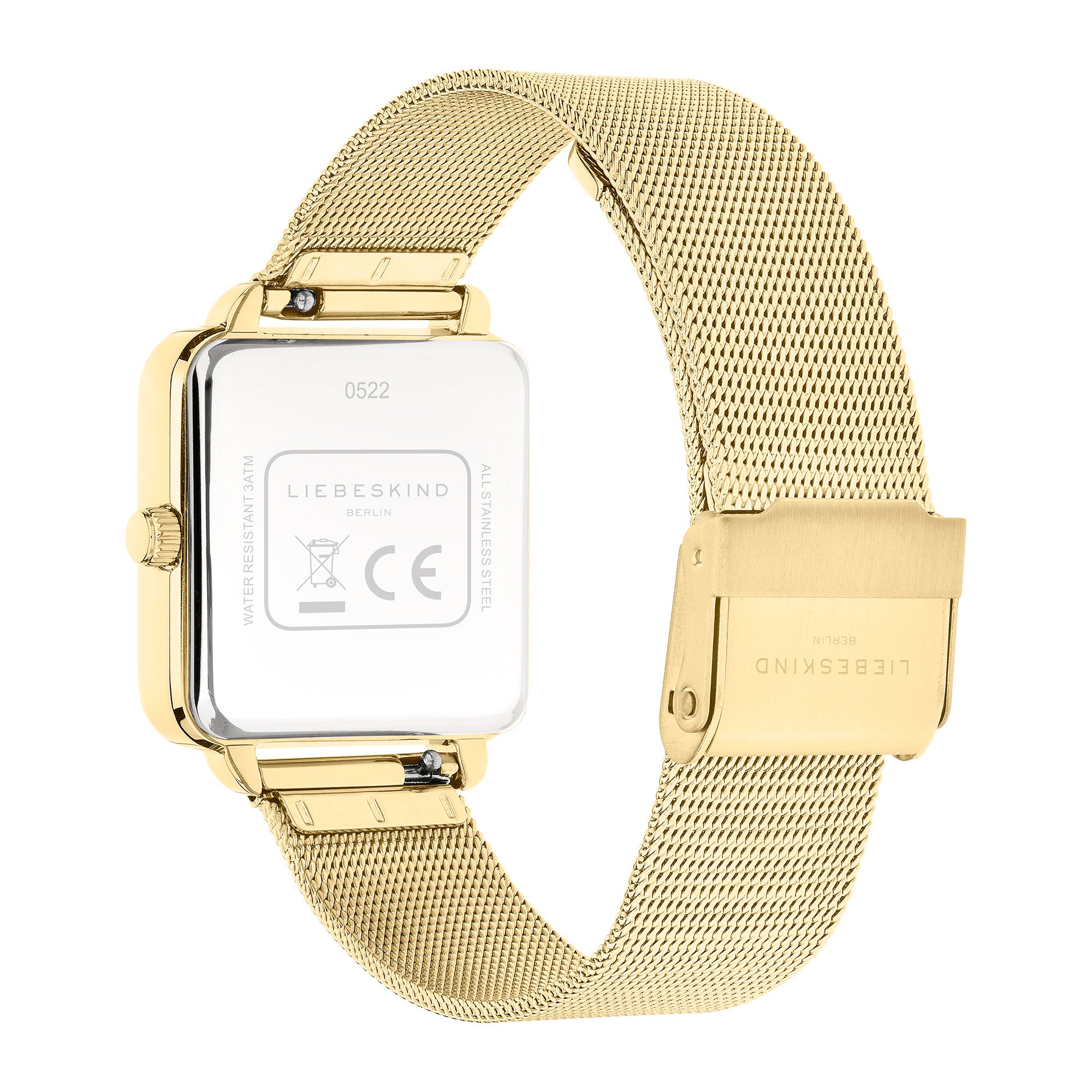 Die LIEBESKIND BERLIN Armbanduhr - Modern Mesh verfügt über ein goldenes Edelstahlarmband aus Mesh und trägt den Schriftzug Liebeskind Berlin auf der Rückseite des Gehäuses.