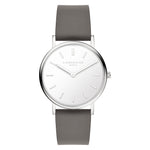 LIEBESKIND BERLIN Damenarmbanduhr in Silber mit weißem Zifferblatt und grauem Lederarmband in der Vorderansicht.