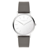 LIEBESKIND BERLIN Damenarmbanduhr in Silber mit weißem Zifferblatt und grauem Lederarmband in der Vorderansicht.