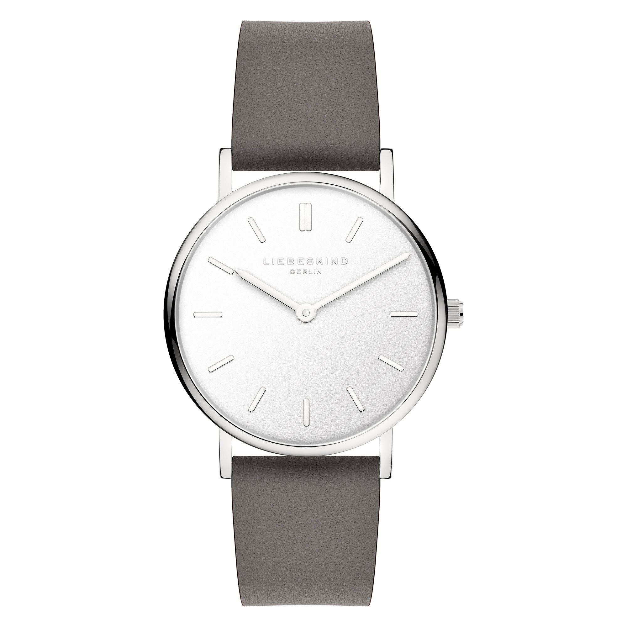 LIEBESKIND BERLIN Damenarmbanduhr in Silber mit weißem Zifferblatt und grauem Lederarmband in der Vorderansicht.