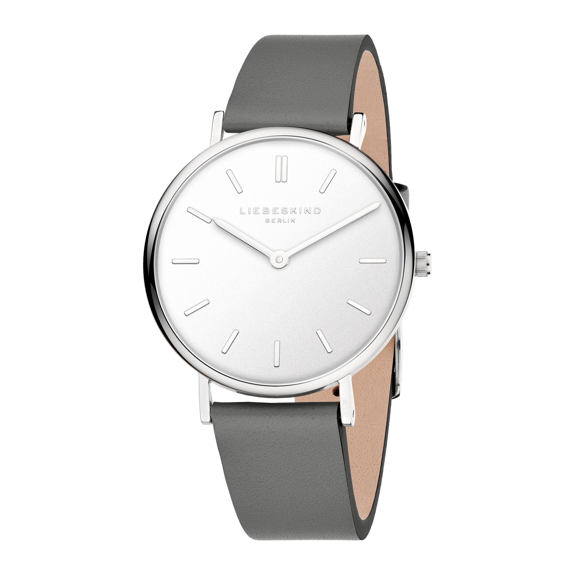 LIEBESKIND BERLIN Damenarmbanduhr mit silberfarbenem Gehäuse, weißem Zifferblatt und grauem Lederarmband.