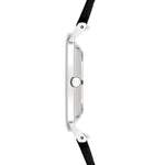 Seitenansicht der LIEBESKIND BERLIN Damenarmbanduhr mit schlankem silberfarbenem Gehäuse und grauem Lederarmband.