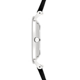 Seitenansicht der LIEBESKIND BERLIN Damenarmbanduhr mit schlankem silberfarbenem Gehäuse und grauem Lederarmband.