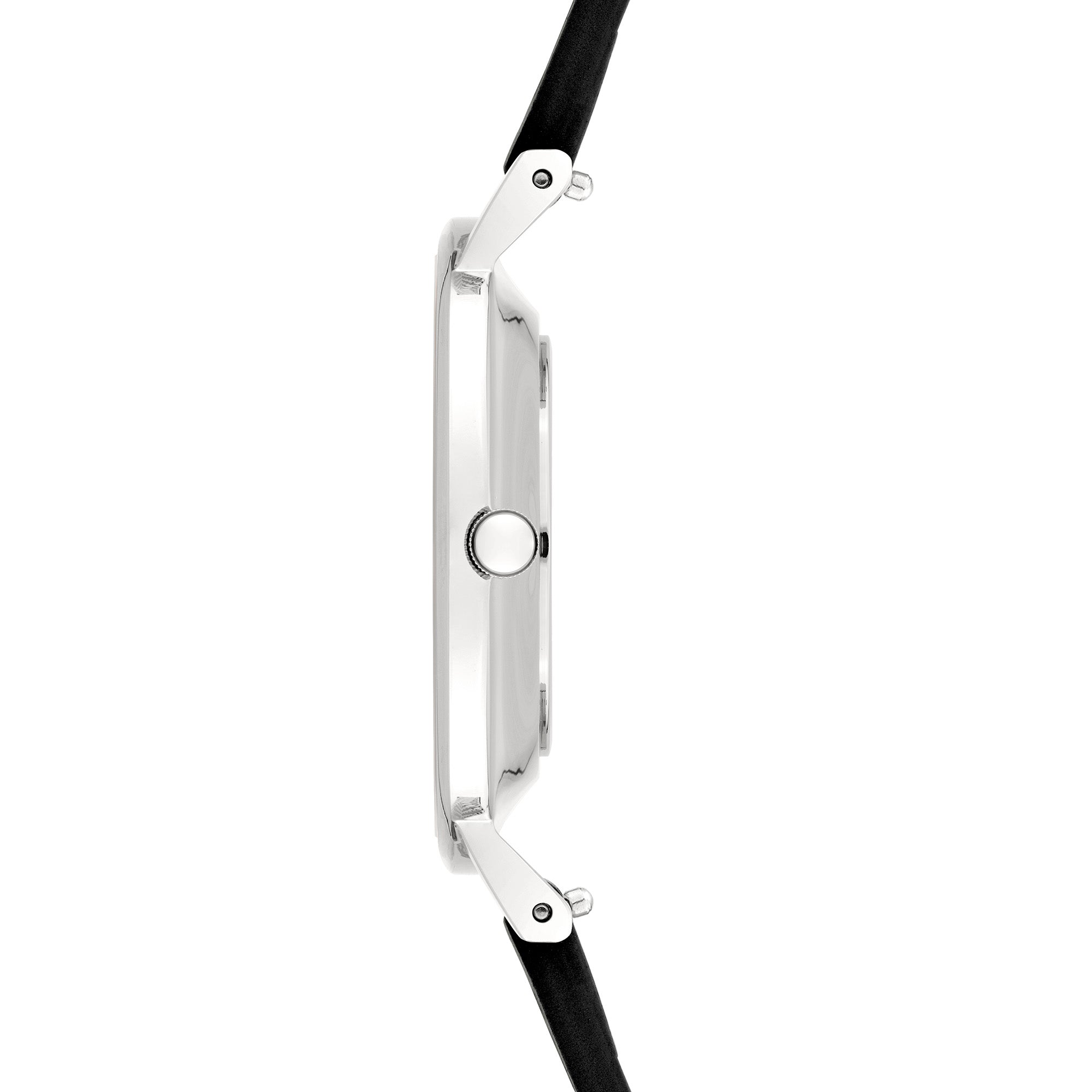 Seitenansicht der LIEBESKIND BERLIN Damenarmbanduhr mit schlankem silberfarbenem Gehäuse und grauem Lederarmband.