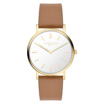 LIEBESKIND BERLIN Damenarmbanduhr in Gold mit weißem Zifferblatt und braunem Lederarmband in der Vorderansicht.