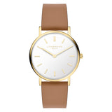 LIEBESKIND BERLIN Damenarmbanduhr in Gold mit weißem Zifferblatt und braunem Lederarmband in der Vorderansicht.