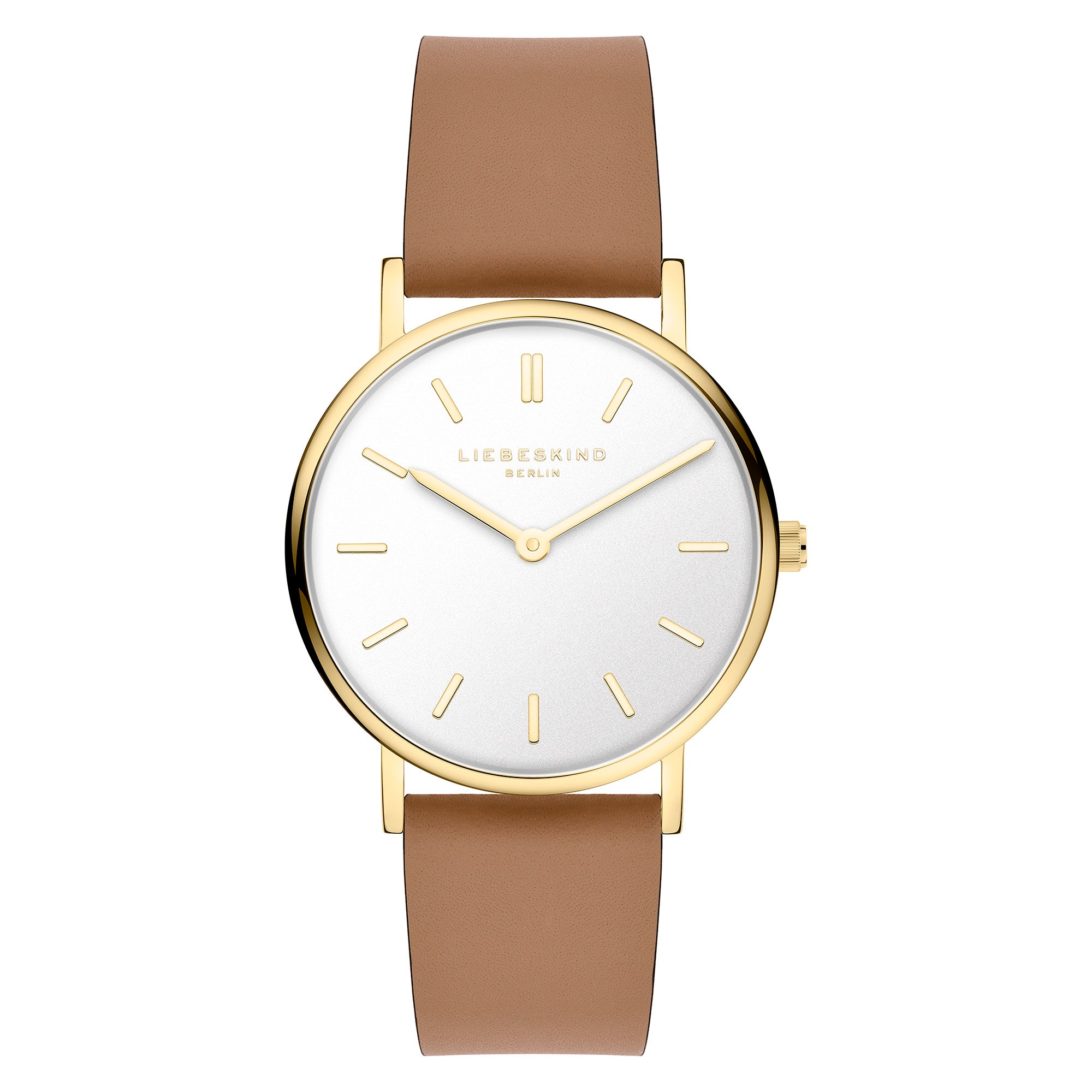 LIEBESKIND BERLIN Damenarmbanduhr in Gold mit weißem Zifferblatt und braunem Lederarmband in der Vorderansicht.