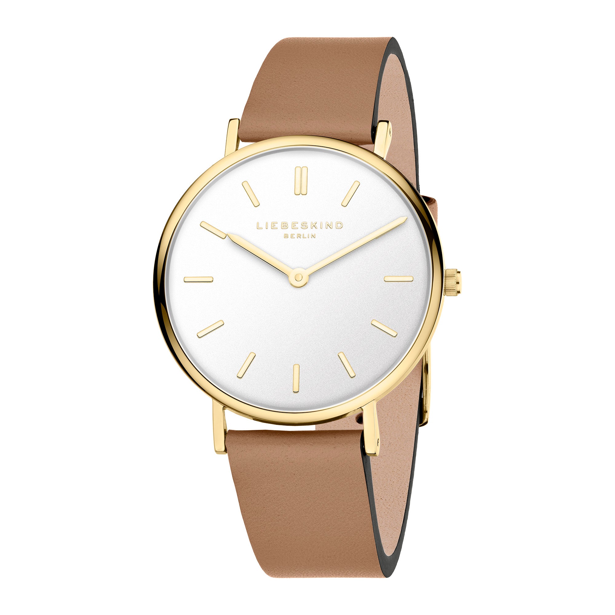 LIEBESKIND BERLIN Damenarmbanduhr mit goldfarbenem Gehäuse, weißem Zifferblatt und braunem Lederarmband.