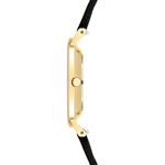 Seitenansicht der LIEBESKIND BERLIN Damenarmbanduhr mit schlankem goldfarbenem Gehäuse und braunem Lederarmband.