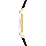 Seitenansicht der LIEBESKIND BERLIN Damenarmbanduhr mit schlankem goldfarbenem Gehäuse und braunem Lederarmband.