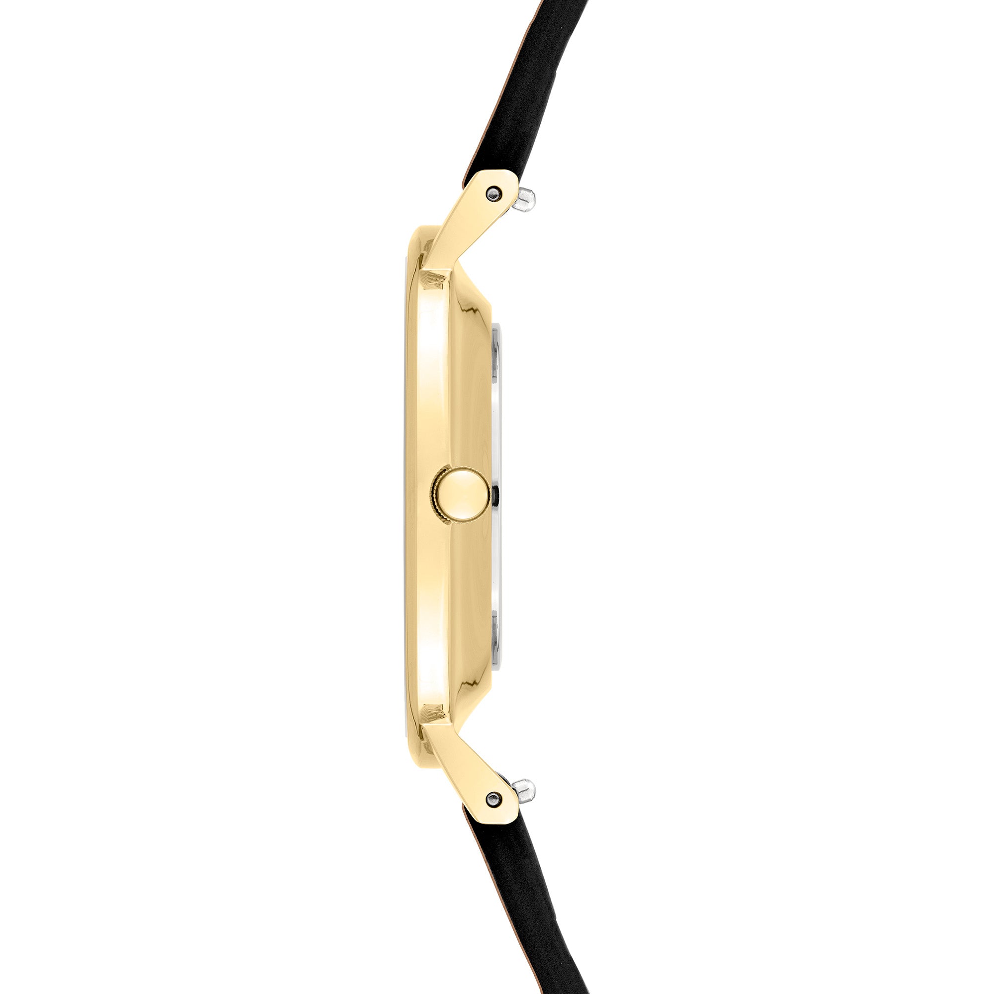 Seitenansicht der LIEBESKIND BERLIN Damenarmbanduhr mit schlankem goldfarbenem Gehäuse und braunem Lederarmband.
