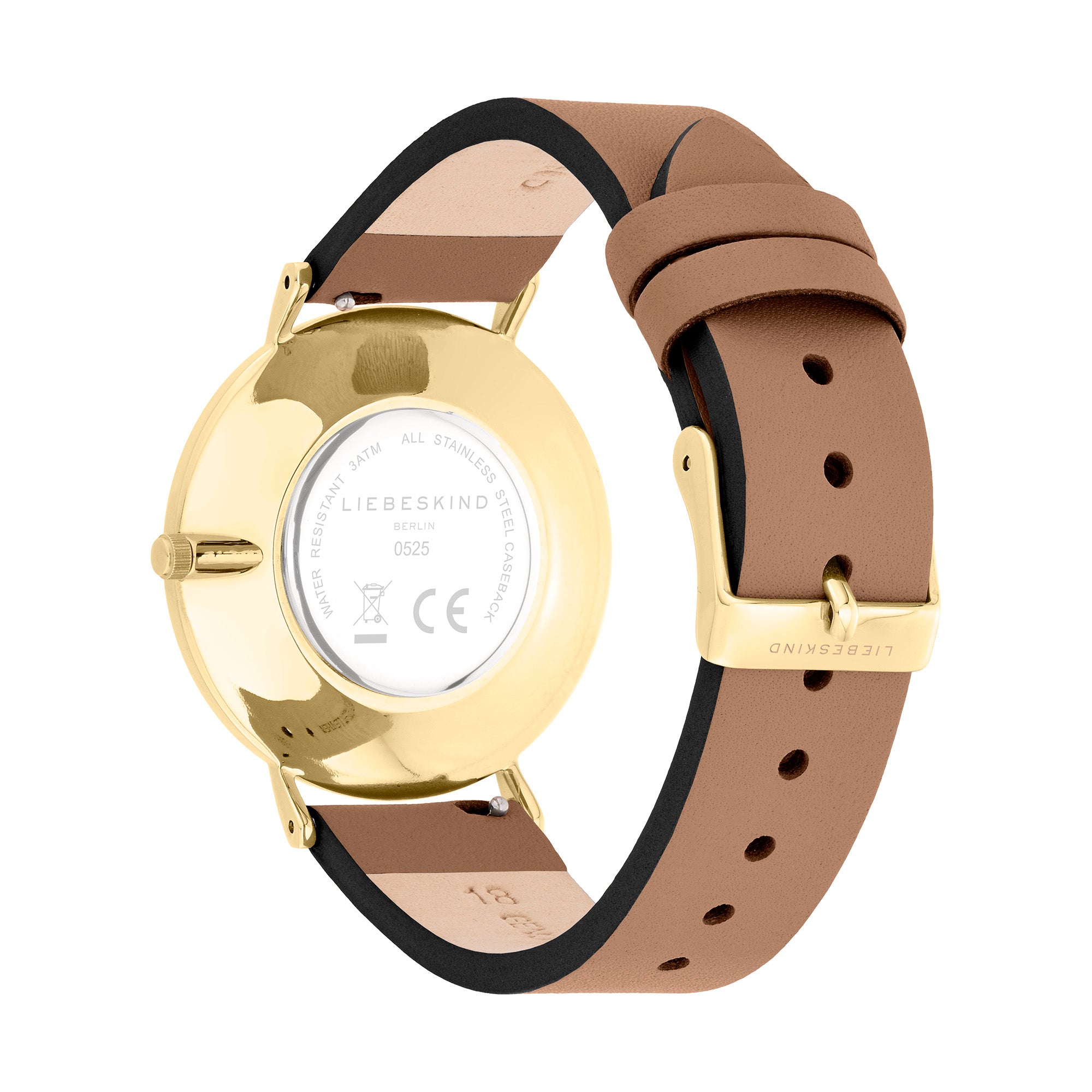 Rückansicht der LIEBESKIND BERLIN Damenarmbanduhr mit braunem Lederarmband, Dornschließe und goldfarbenem Gehäuse.