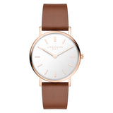 LIEBESKIND BERLIN Damenarmbanduhr in Roségold mit weißem Zifferblatt und braunem Lederarmband in der Vorderansicht.
