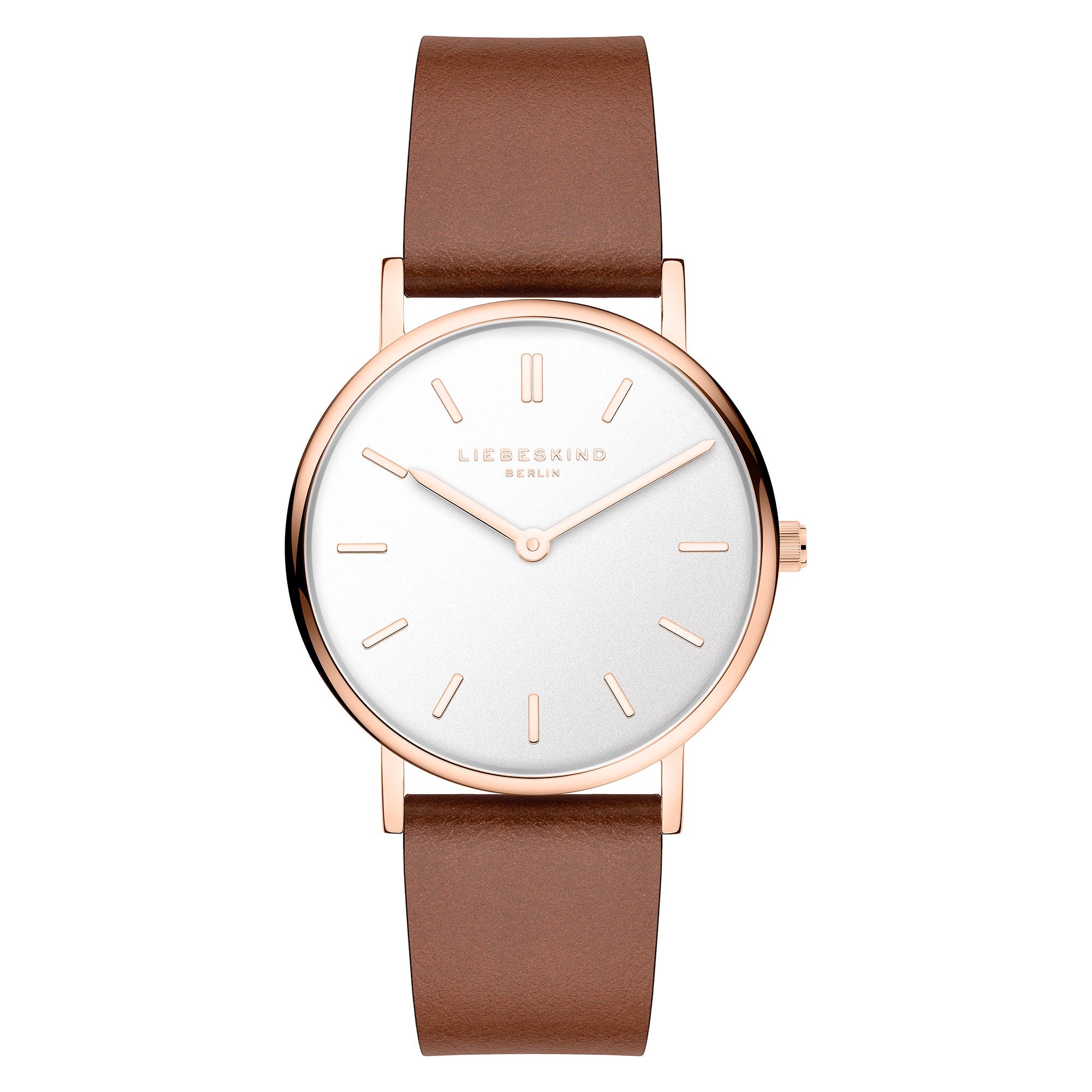 LIEBESKIND BERLIN Damenarmbanduhr in Roségold mit weißem Zifferblatt und braunem Lederarmband in der Vorderansicht.