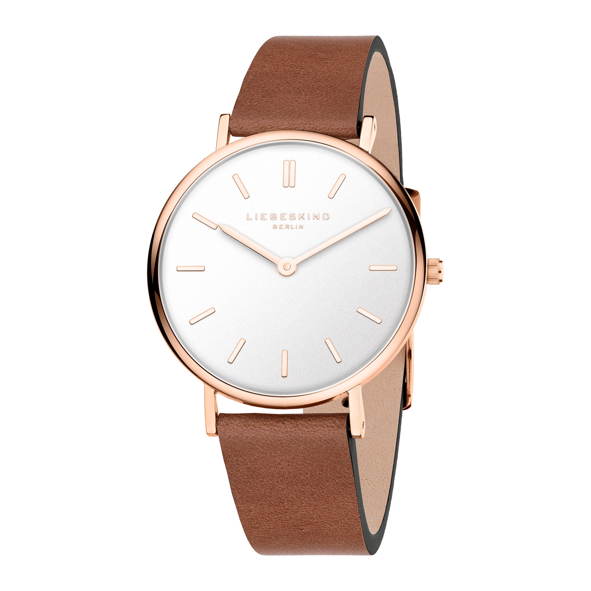 LIEBESKIND BERLIN Damenarmbanduhr mit roségoldfarbenem Gehäuse, weißem Zifferblatt und braunem Lederarmband.