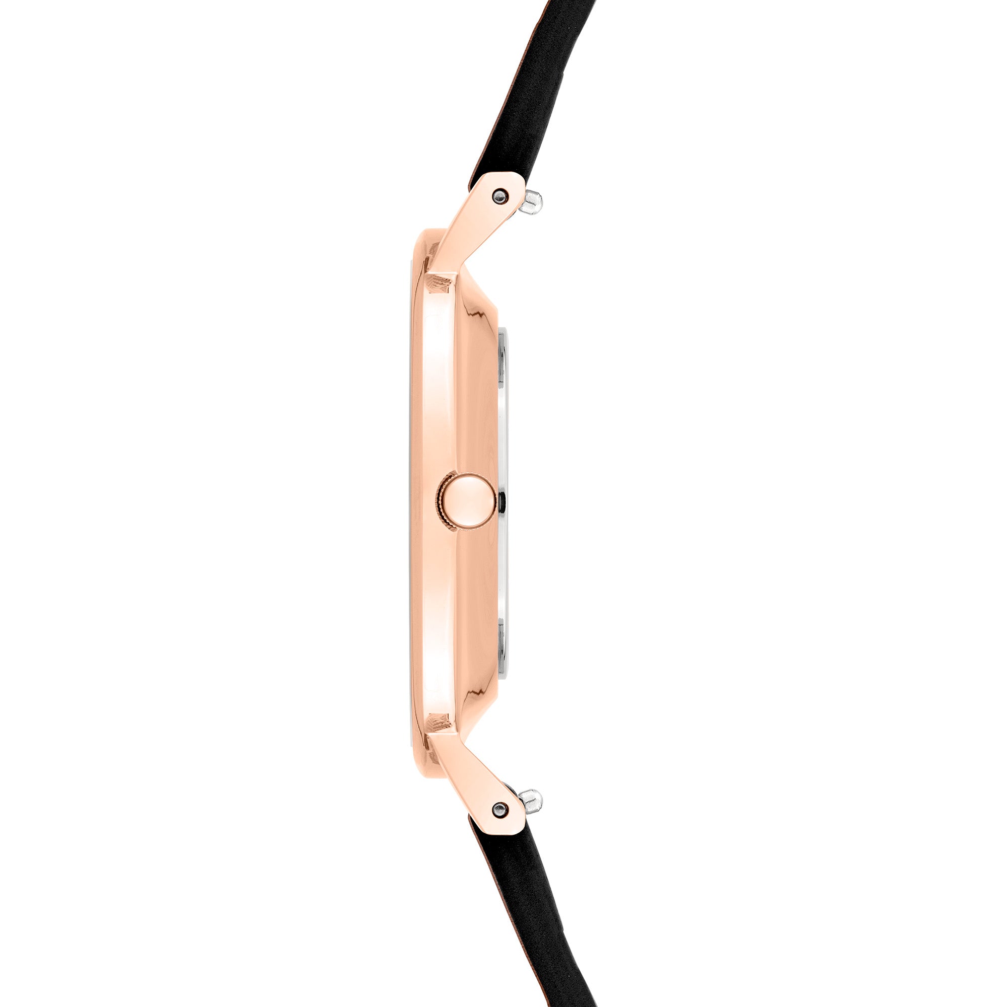 Seitenansicht der LIEBESKIND BERLIN Damenarmbanduhr mit schlankem roségoldfarbenem Gehäuse und braunem Lederarmband.