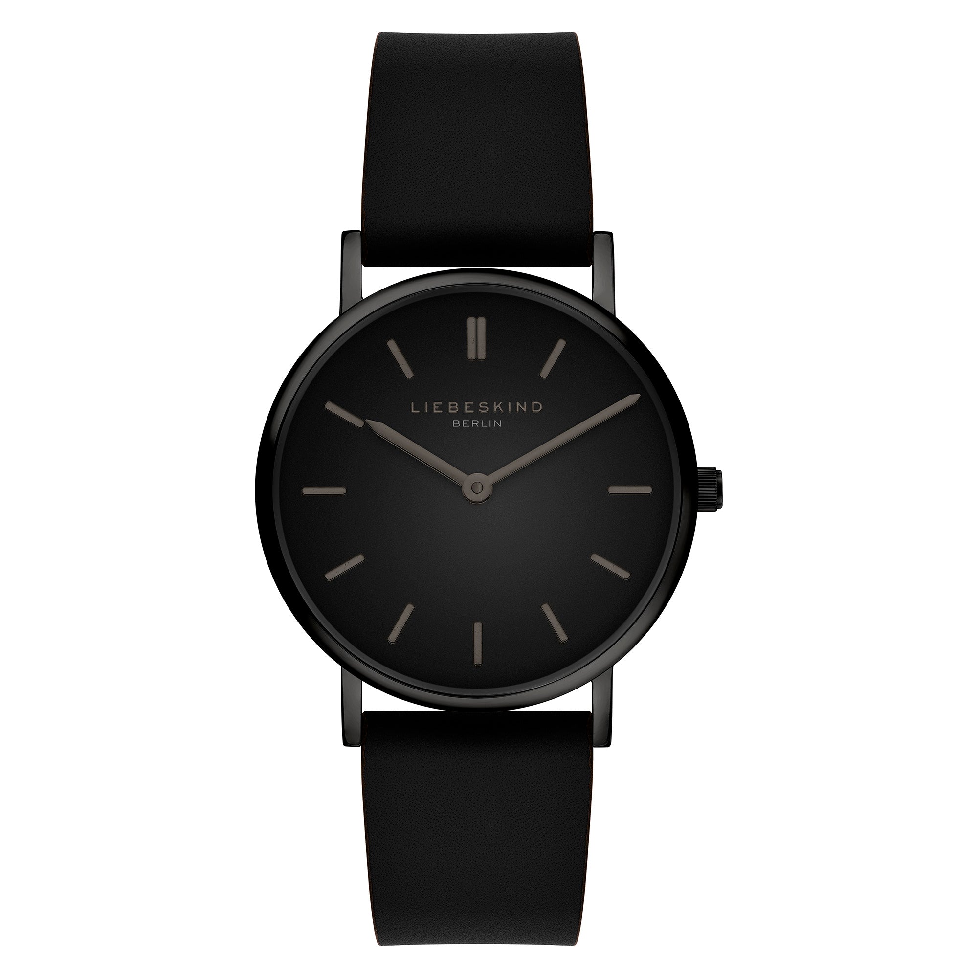 LIEBESKIND BERLIN Damenarmbanduhr in Schwarz mit schwarzem Zifferblatt und schwarzem Lederarmband in der Vorderansicht.