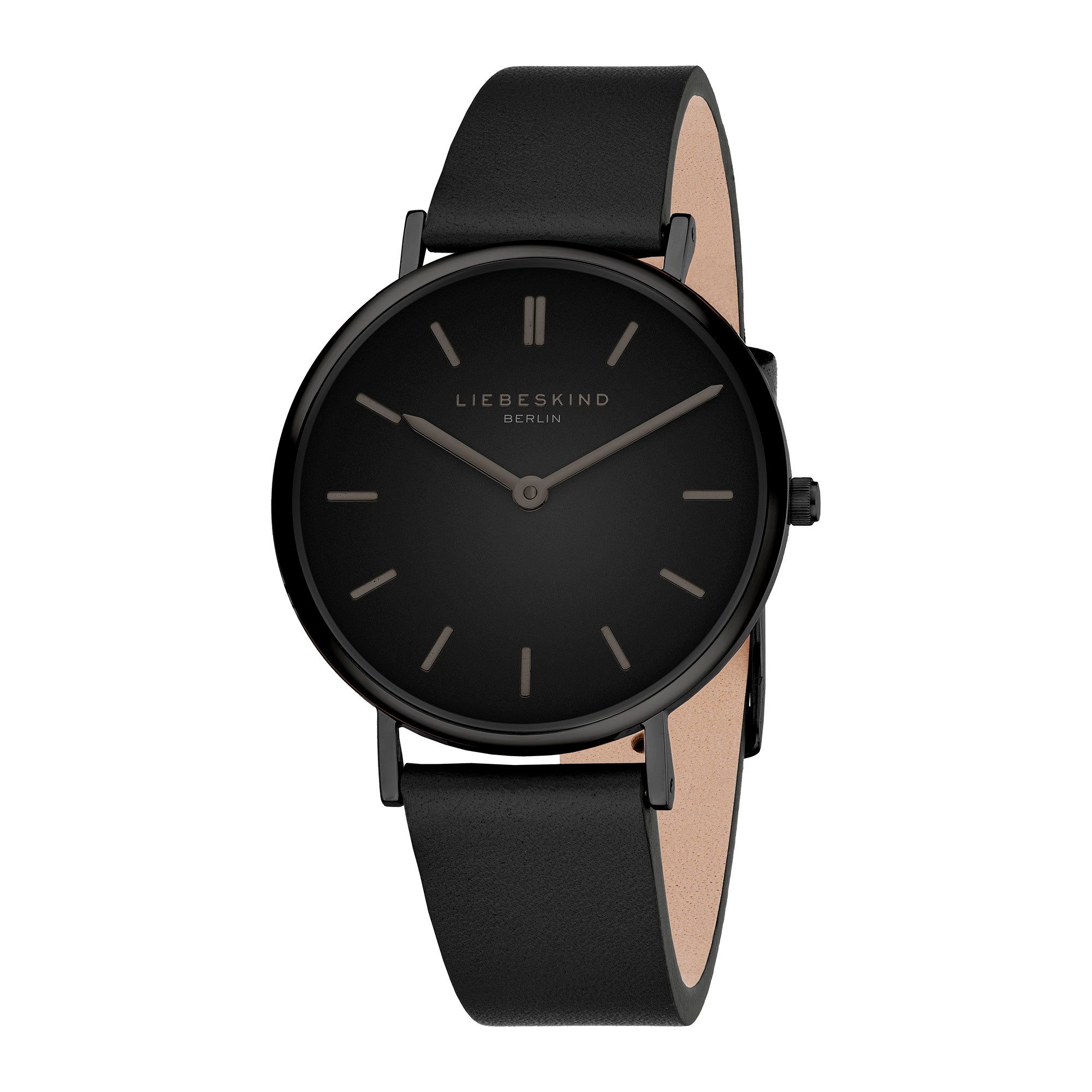 LIEBESKIND BERLIN Damenarmbanduhr im All-Black-Look mit schwarzem Gehäuse, schwarzem Zifferblatt und Lederarmband.