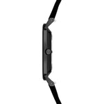Seitenansicht der LIEBESKIND BERLIN Damenarmbanduhr mit schlankem schwarzem Gehäuse und schwarzem Lederarmband.