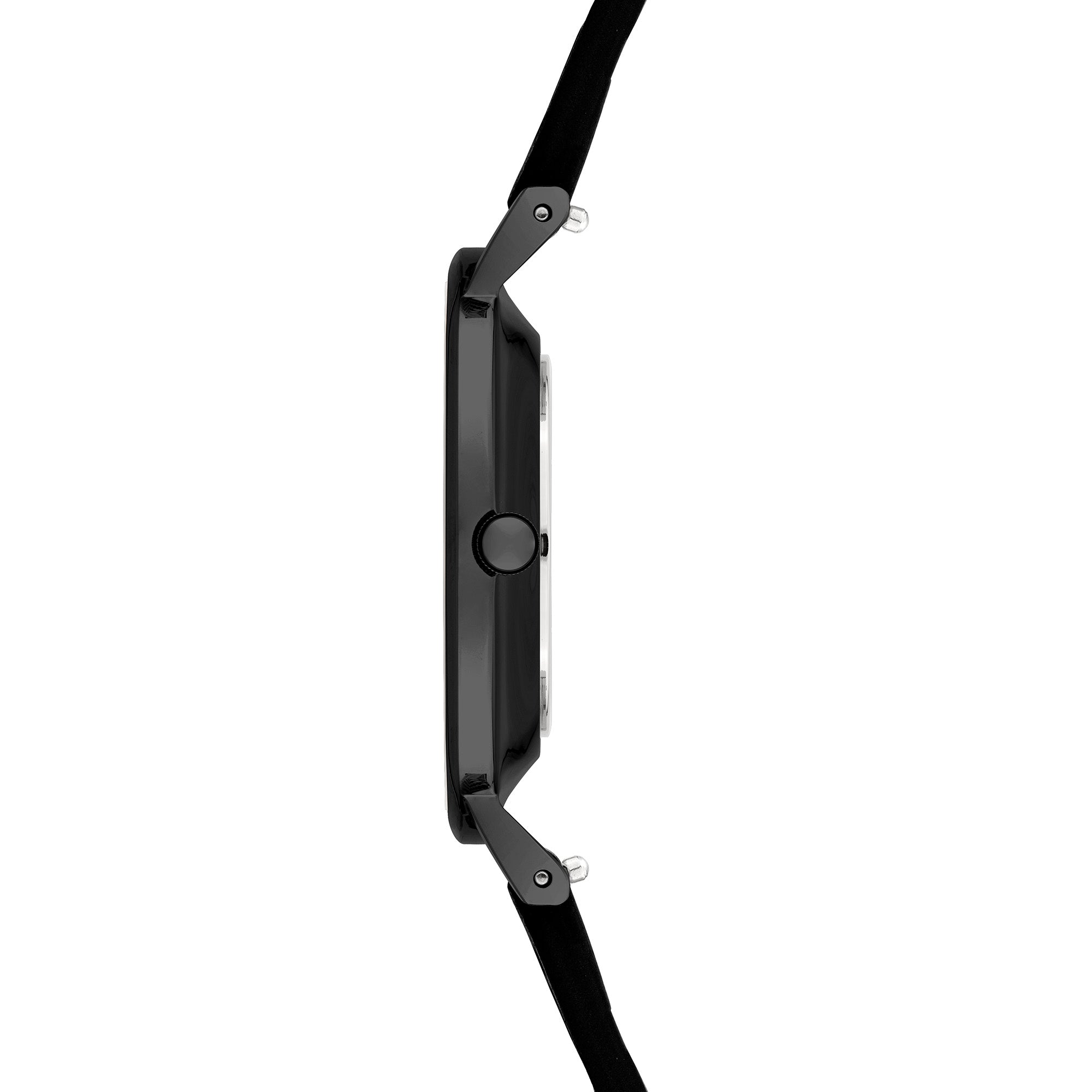 Seitenansicht der LIEBESKIND BERLIN Damenarmbanduhr mit schlankem schwarzem Gehäuse und schwarzem Lederarmband.