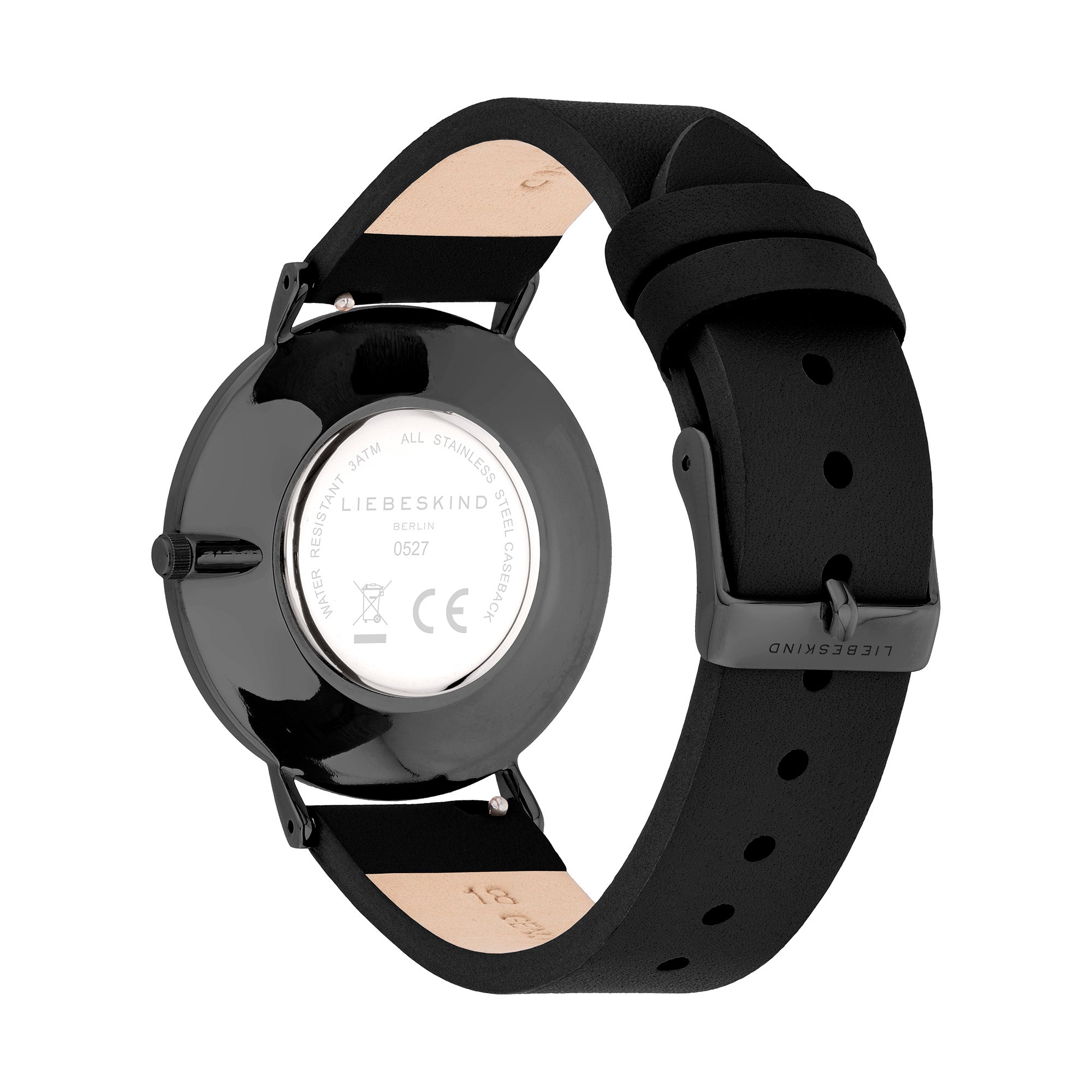 Rückansicht der LIEBESKIND BERLIN Damenarmbanduhr mit schwarzem Lederarmband, Dornschließe und schwarzem Gehäuse.